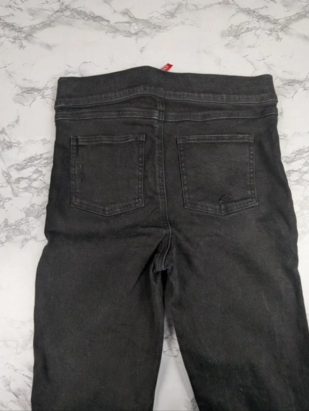 SPANX Distressed Denim Leggings High Rise Black Skinny Jeans Raw Hem Size M - Picture 3 of 13